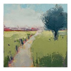 an abstract painting of a tree in the middle of a field with a dirt road