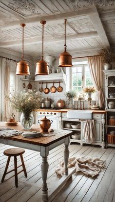 an old fashioned kitchen with wooden floors and white cabinets, copper pots on the stove