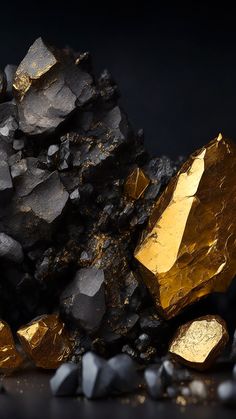 some gold nuggets are sitting on top of black rocks