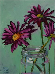 a painting of three purple flowers in a glass jar