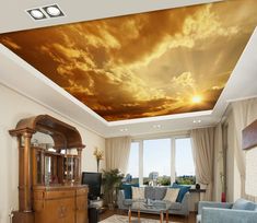 a living room with a sky painted on the ceiling