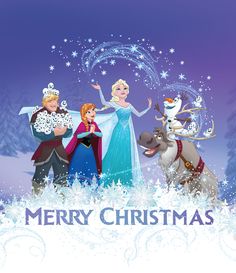 frozen princesses and their reindeers are in the snow with merry christmas greeting card