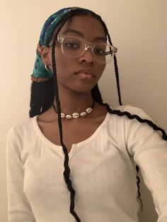 Protective Scarf Hairstyles, Braided Hairstyles Aesthetic Black, Braids And Glasses Black Women, Braids In A Headwrap, Scarf On Braided Hair Black Women, Scarves Black Women, Hairstyles With Scarfs For Black Women, Black Hairstyles With Bandanas, Knotless Braids Hairstyles With Bandana