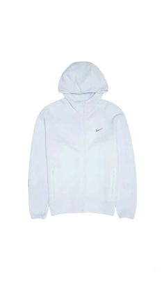 a white sweatshirt with the hood up