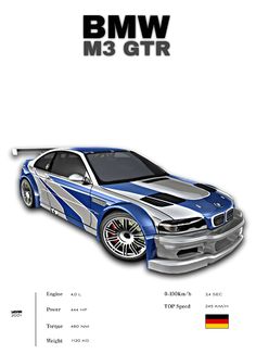 the bmw m3 gtr is shown in blue and white