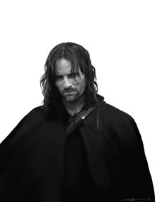 a man with long hair standing in front of a white background and wearing a cape