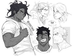 some sketches of the same character in different poses, one with black hair and one with white