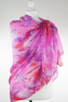 Pink red white silver large silk scarf, hand dyed pure silk scarf, women silk scarf, gift for her, handmade Ticik-art This scarf is a unique product, original and timeless which you can wear daily or at special occasions, very light and soft, a special gift for you. DETAILS:  - Dimension 180 x 90 cm (71 x 35,5 inches) - 100 % pure silk (ponge5) - Hand rolled edges SPECIAL PLUS: This scarf is sent in a present/gift box with a beautiful card including care advice. I can prepare special scarves in Handmade Silk Scarf As Summer Gift, Handmade Silk Scarf Summer Gift, Purple Silk Scarf For Summer Gift, Summer Purple Silk Scarf As A Gift, Summer Gift Purple Silk Scarf, Handmade Pink Silk Scarf, Pink Silk Scarf For Summer, Pink Silk Scarf For Beach, Pink Bohemian Silk Scarf