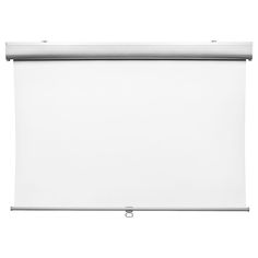 a white projection screen mounted to the side of a wall in front of a white background