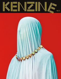 the cover to kenziene magazine featuring a woman in a white cloak with beads on her neck