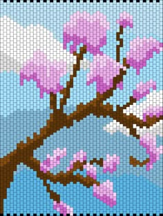 a tree with pink flowers on it is depicted in pixellated squares that look like pixels