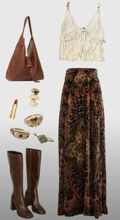 Bohemian Outfits Ideas, Earthy Western Outfits, Folk Rock Concert Outfit, Earthy Capsule Wardrobe, Boho Vintage Outfits, Vintage Country Outfits, Folk Outfits Aesthetic, Vietnam Vacation Outfits, Fall Whimsigoth Outfits