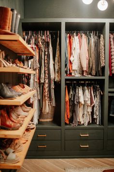 the closet is full of clothes and shoes for all kinds of people to use it