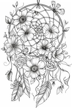 a drawing of a dream catcher with flowers and butterflies on the side, in black and white