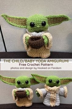 the child / baby yoda amigurum crochet pattern is shown in three different sizes