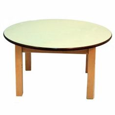 a round table with wooden legs and a white surface on the top, against a white background