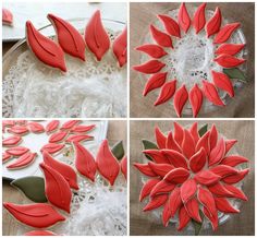 the process of making red paper flowers is shown in four different pictures, including one being cut