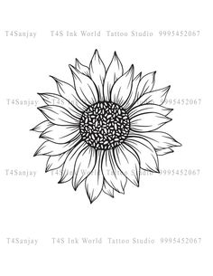 a black and white drawing of a sunflower with the words tattoo studio on it