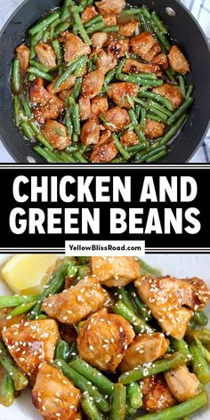 chicken and green beans in a skillet with lemon wedges on the side, next to another image