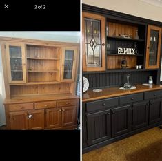 two pictures side by side, one with black cabinets and the other has dark wood