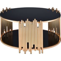 a black and gold coffee table with metal rods on it's sides, in front of a white background