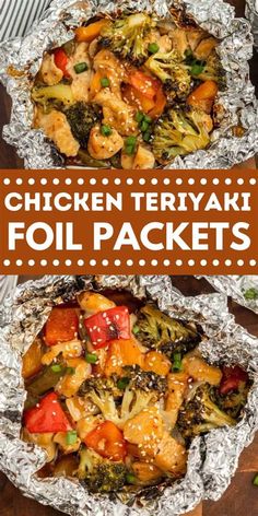 chicken teriyaki foil packets with broccoli, tomatoes and other veggies