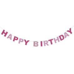 a pink happy birthday banner hanging from a string