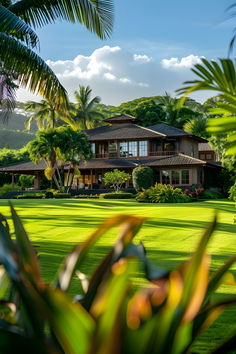 a large house surrounded by lush green grass and palm trees on a sunny day with clouds in the sky