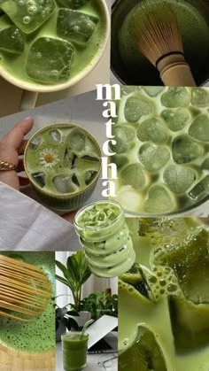 there are many different pictures with green things in them and the words matcha on it