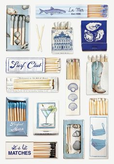 matchboxes and matchesticks are arranged in a collage, including one with fish