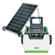 an electric generator with a solar panel on the top and green trimming around it