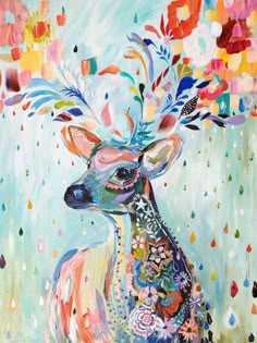 a painting of a deer with flowers on it's head