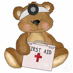 a brown teddy bear with a first aid kit on it's chest sitting down