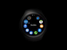 a smart watch with the words guides displayed on it's face in front of a black background