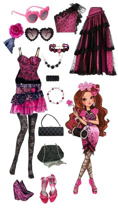 a barbie doll dressed in pink and black with accessories including shoes, handbag, purse, necklaces and sunglasses