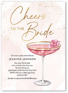 a pink and gold bridal party card with the words cheers to the bride on it