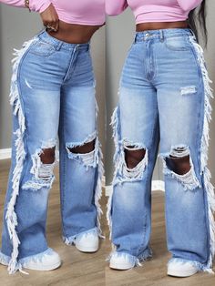 Front Button Multi-Pocket Frayed Edge Distressed Casual Mid-Waist Straight Leg Jeans Light Wash Casual   Denim Plain Straight Leg Non-Stretch  Women Clothing, size features are:Bust: ,Length: ,Sleeve Length: