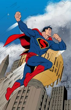 superman flying through the air with his arms up in front of buildings and birds above him