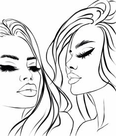 two beautiful women with long hair are looking at each other, one is drawn in black and white