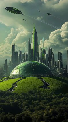 a futuristic city with green grass in the foreground and flying saucers above it