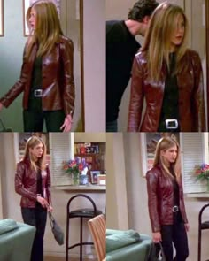 Jennifer Aniston Maroon Leather Jacket – Friends S05 Rachel Green, portrayed by Jennifer Aniston, is one of the most iconic characters in television. Shaping many trends in the 90's, from her iconic hairstyle, which every fan has tried to recreate once in their life, to her fashionable looks, Racheal style is in a class of her own. Her character development is well executed; with her going from being a daddy’s girl from a privileged background to a career-oriented woman, she is a diva who knew n 90s Outfit Leather Jacket, Jennifer Aniston Leather Jacket, Rachel Green Leather Jacket Outfit, Maroon Leather Outfit, Friends Tv Fashion, Rachel Green Leather Skirt, Iconic Character Outfits, Rachel Green Autumn Outfits, Rachel Green Wardrobe