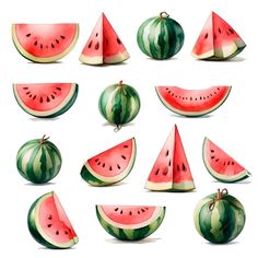 watermelon slices and pieces on a white background