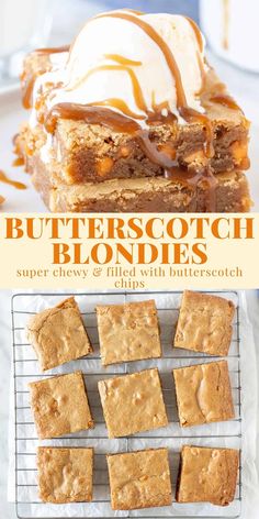 butterscotch blondies on a cooling rack with ice cream and caramel drizzle