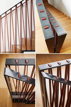 four different angles of a bench made out of wood and metal bars with candles on them