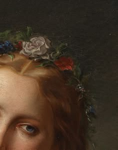 a close up of a painting of a woman with flowers on her head and hair