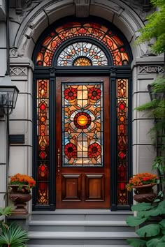 an ornate stained glass door with potted plants on the steps in front of it