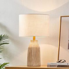 a table lamp sitting on top of a wooden dresser next to a plant and books