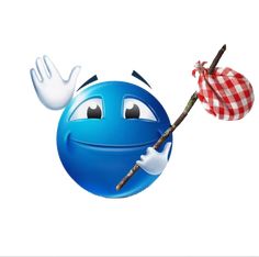 a blue smiley face holding a red and white checkered flag with one hand in the air