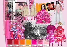 a collage of fashions and colors in pink, yellow, orange, and red