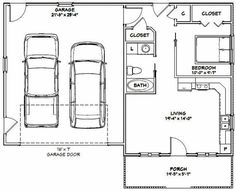 the floor plan for a two car garage with an attached living room and bathroom area